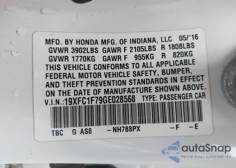 2016 Honda Civic Ex-L из США, поврежденный, VIN 19XFC1F79GE028568